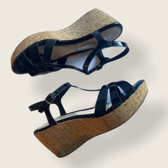 🆕 Black Patent Cork Wedged Strappy Patform Heels !!! - Picture 3 of 16